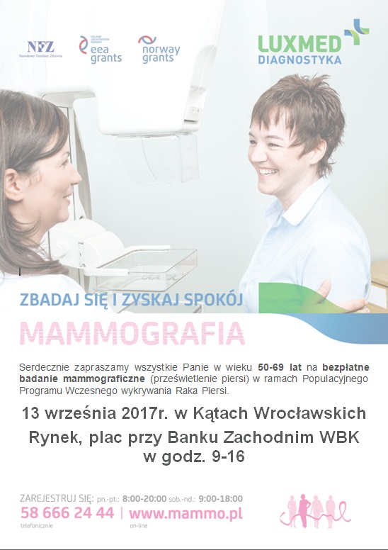 plakat przedstaiwa dwie kobiety, jedna wykonuje badanie mammograficzne drugiej
