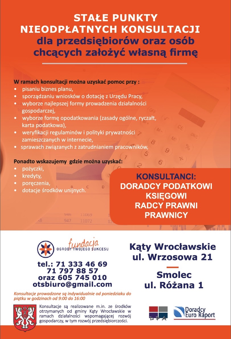 plakat przedstawia informacje dot. punktów konsultacyjnych w Kątach Wr. i Smolcu
