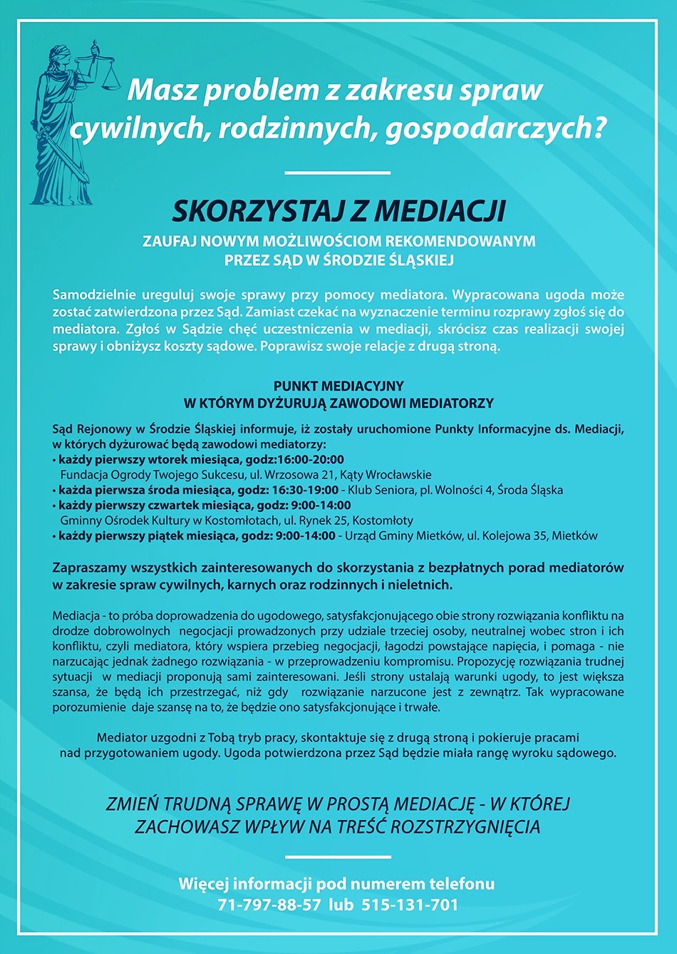 plakat przedstawia informacje związane z punktami mediacyjnymi rekomendowanymi przez sąd w Środzie Śl.