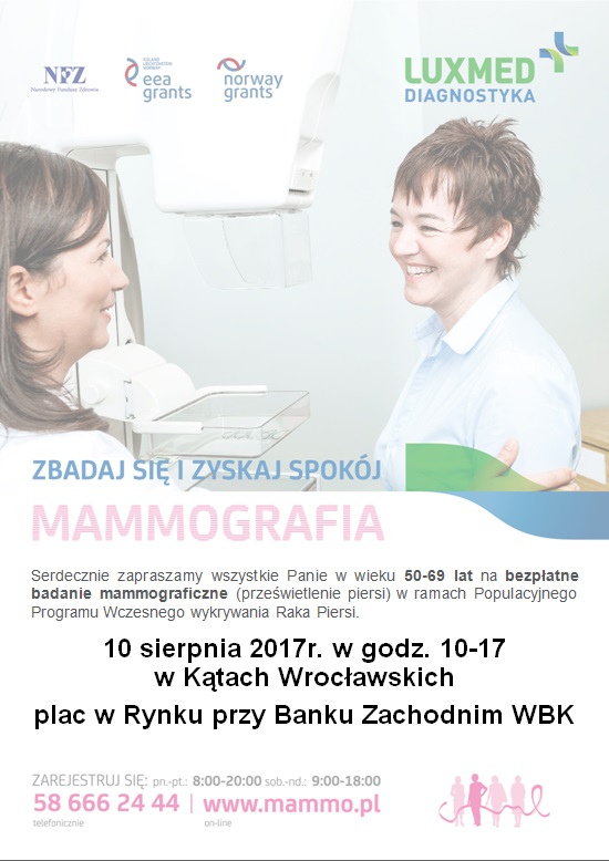 plakat przedstaiwa dwie kobiety, jedna wykonuje badanie mammograficzne drugiej