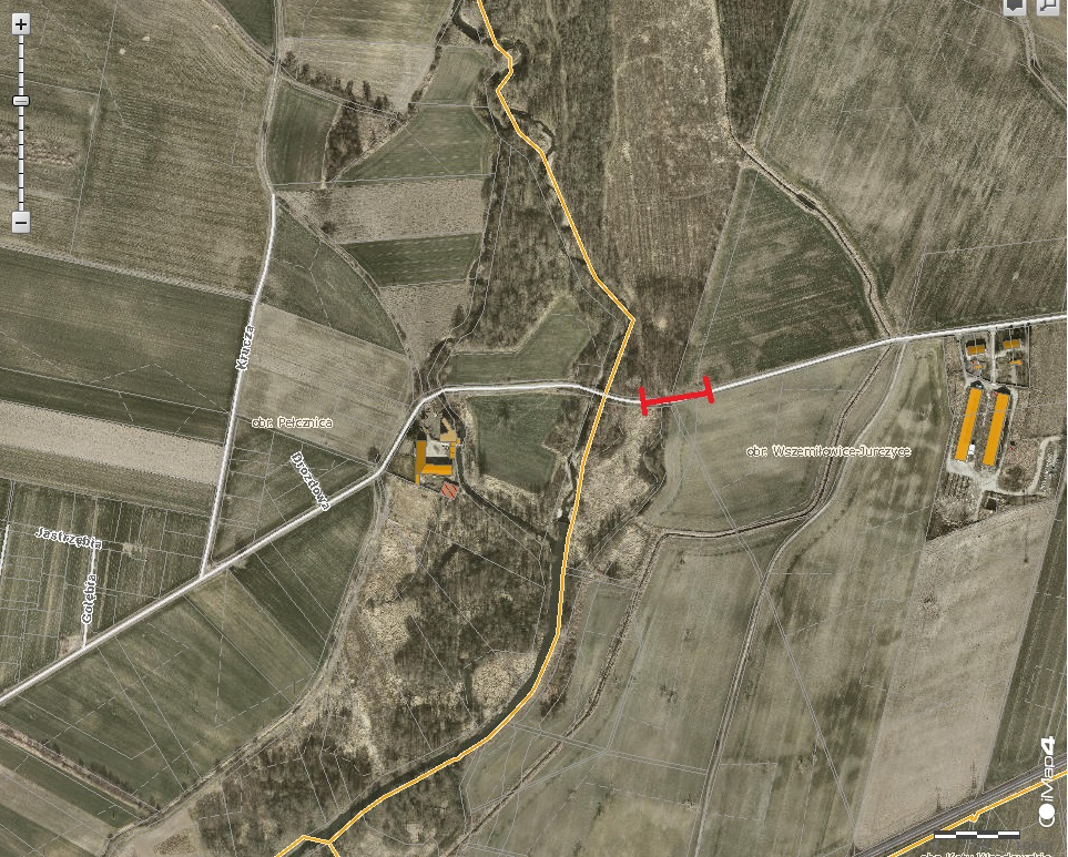 zdjęcie przedstawia mape satelitarną z fragment zamkniętej drogi relacji Pełcznica-Wszemiłowice