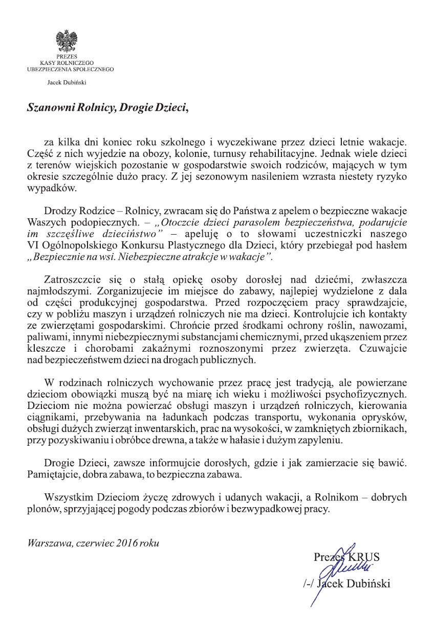 Komunikat Prezesa KRUS dotyczący bezpieczeństwa dzieci podczas wakacji