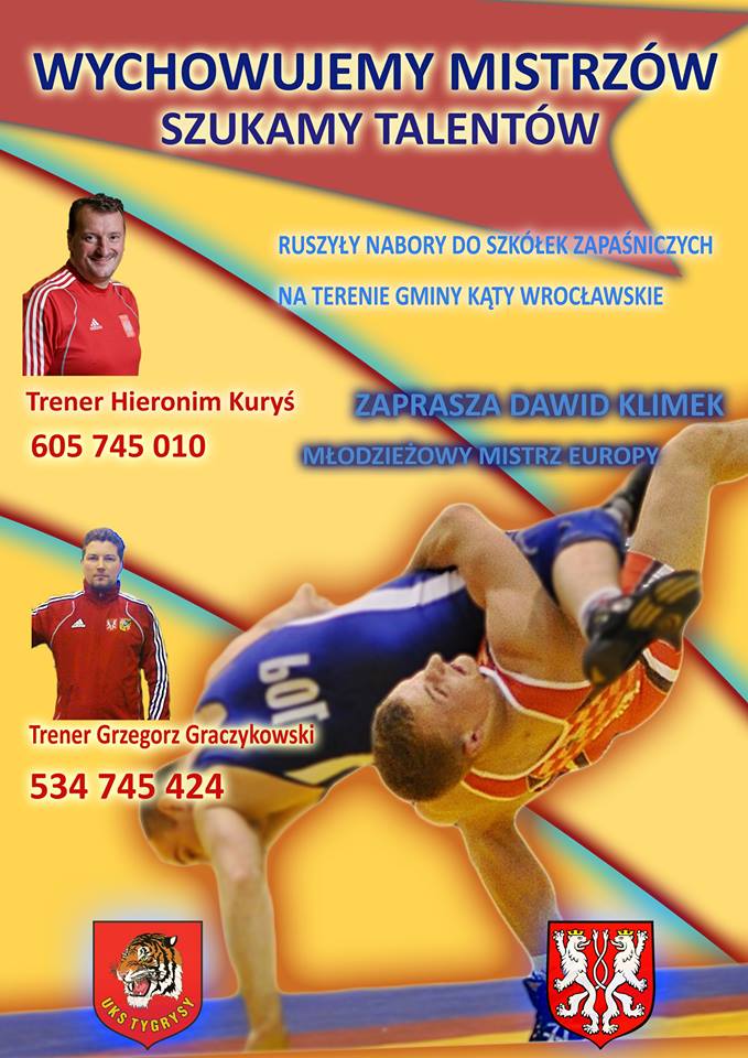 plakat przedstawia dwóch młodych zapaśników i informacje o treningach