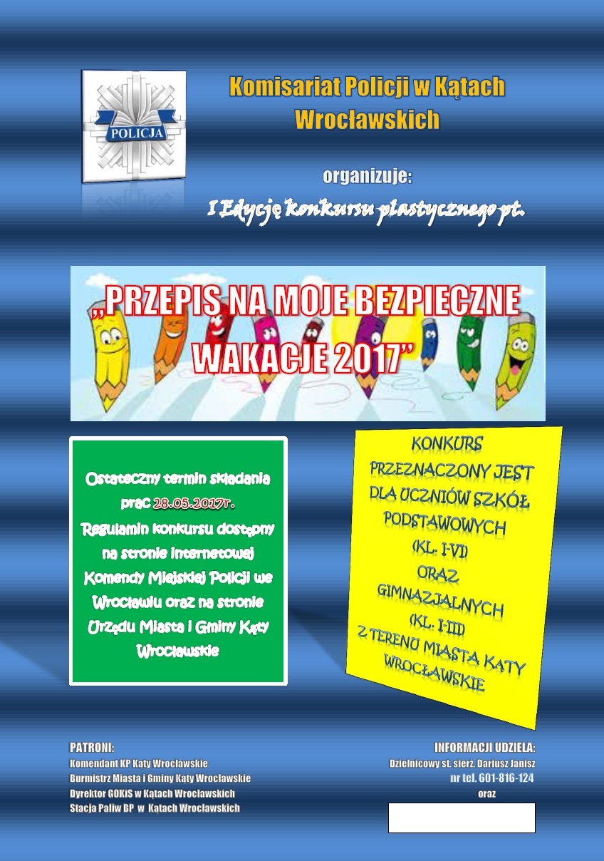 plakat przedstawia akcesoria malarskie i logo policji