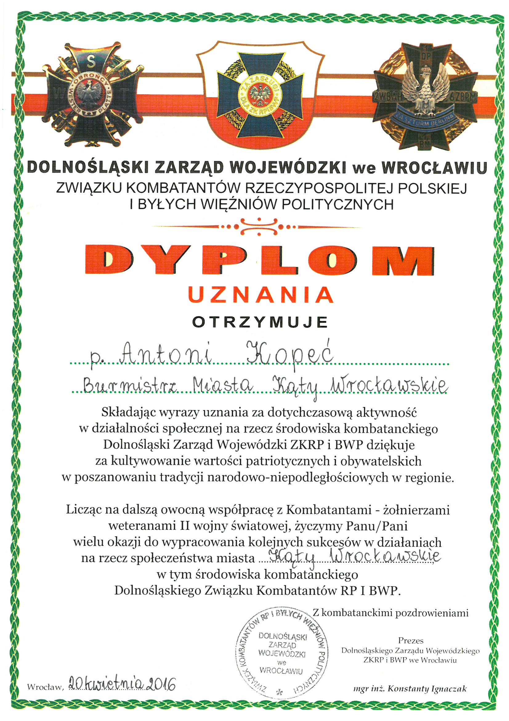dyplom uznania dla burmistrza