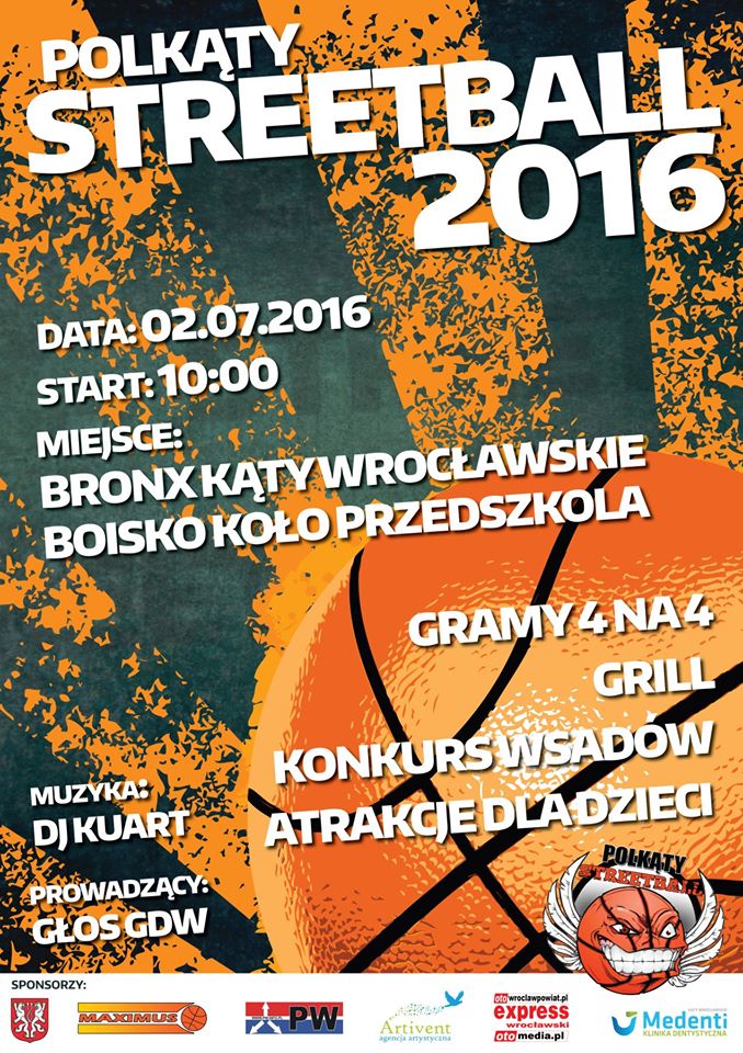 Polkąty Streetball obrazek przedstawia plakat informujący o imprezie sporotwej pn. VI Polkąty Streetball 2016