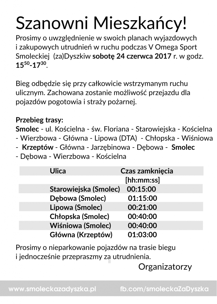 informacja o zamkniętych ulicach w trakcie biegu