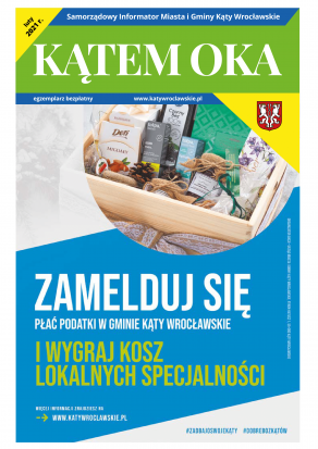 Okładka Informatora Gminnego Kątem Oka z koszem upominkowym z lokalnymi produktami