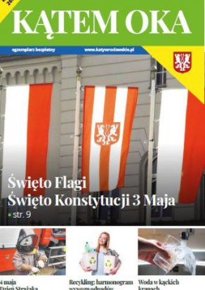 Okładka Informatora Gminnego Kątem Oka z flagami polski i flagą Katów wrocł.