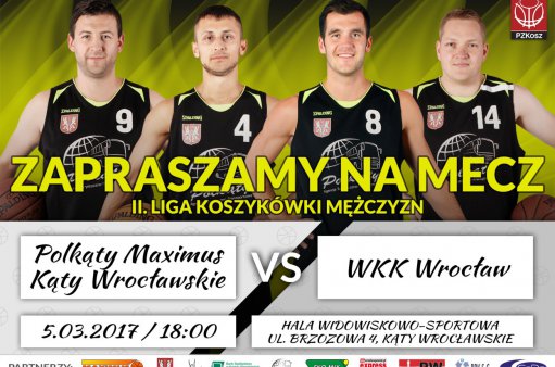 plakat przedstawia czterech koszykarzy Maximusa zapraszających na mecz z WKK Wrocław