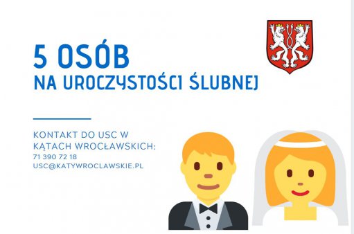 Tekst: 5 osób na uroczystości ślubnej i rysunek pary młodej