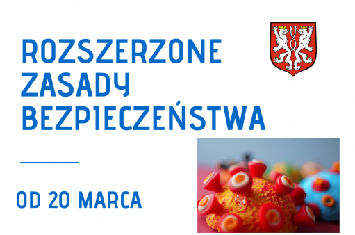 Grafika z informacją o obostrzeniach przy covid 19 - zdjęcie wirusa.