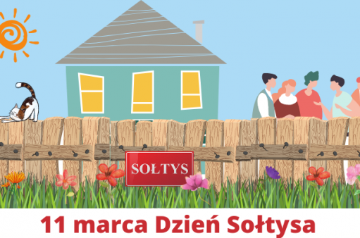 na grafice grupa ludzi rozmawia między sobą, przed domem sołtysa