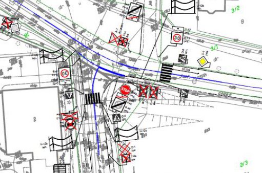 fragment mapy z wyrysowanym projektem organizacji ruchu