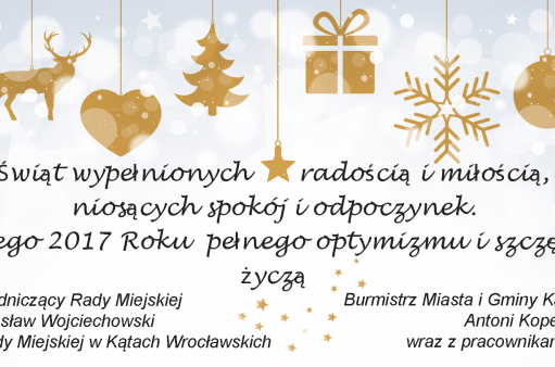 grafika przedstawia motywy świąteczne z treścią życzeń na Boże Narodzenie i Nowy Rok