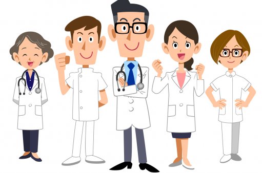 grafika przedstawia stojących w rzędzie pięcioro lekarzy, czworo z nich macha ręką