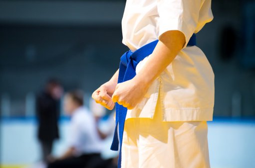 zdjęcie przedstawia stojącego bokiem judokę z napiętymi rękami