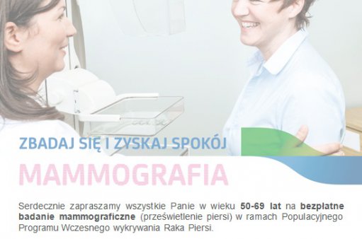 plakat przedstawia dwie kobiety, jedna wykonuje badanie mammograficzne drugiej