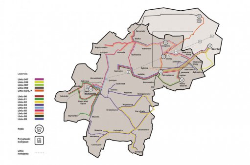 Mapa komunikacji gminnej i strefowej na terenie gminy Kąty Wrocławskie i Miasta Wrocławia Mapa komunikacji Kąty Wrocławskie