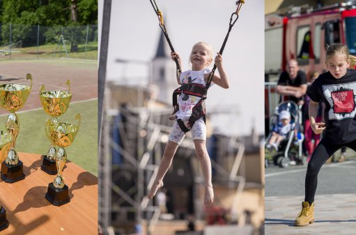 zdjęcie przedstawia puchary na tle kortu tenisowego, dziewczynkę na trampolinie i druga tańcząca dziewczynkę