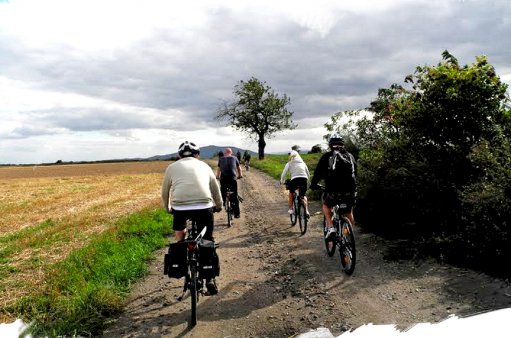 zdjęcie przedstawia grupe rowerzystów jadących polną drogą